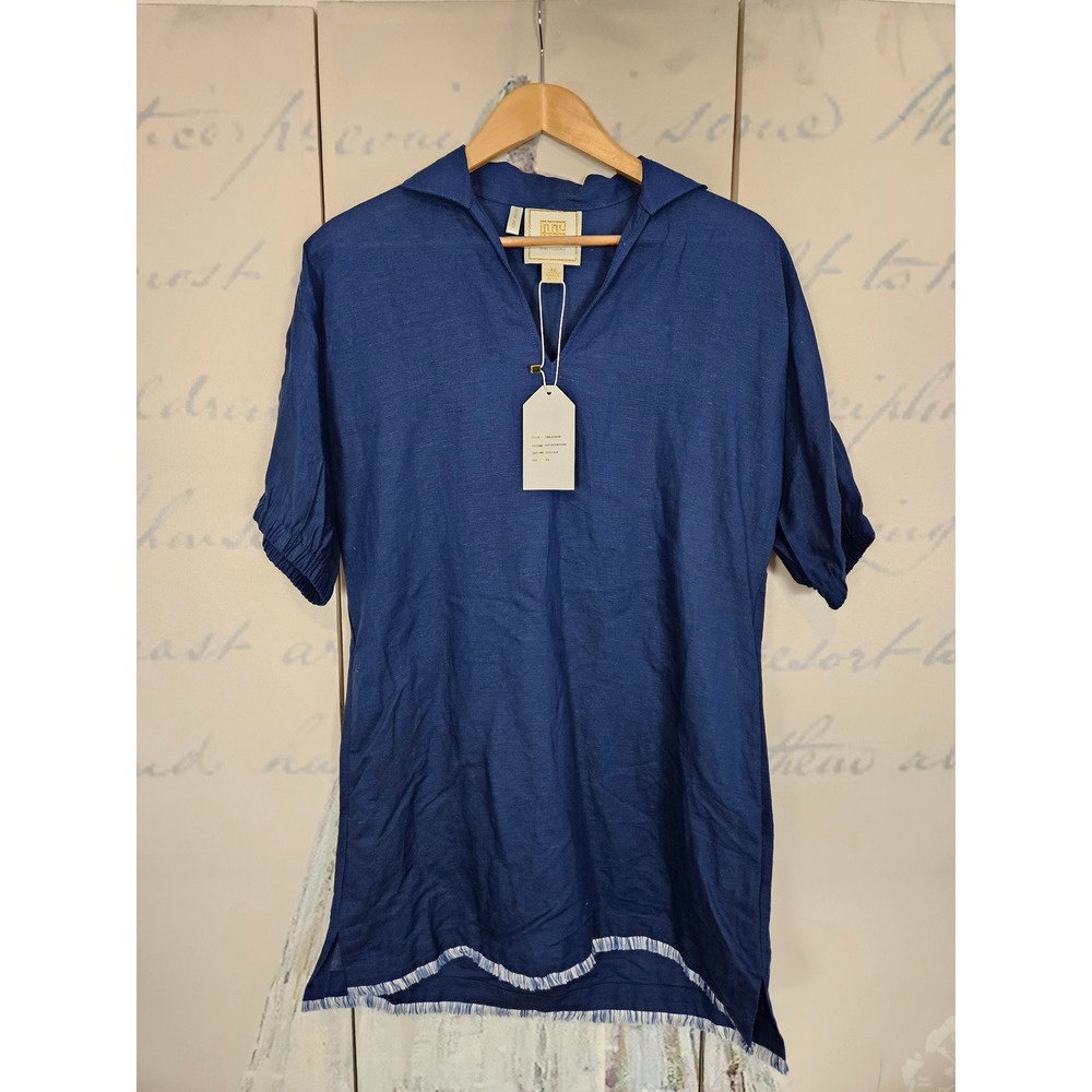 NWT Emily McCarthy Poppy Dress Estate Blue Linen Blend Fringe Hem Tunic XS